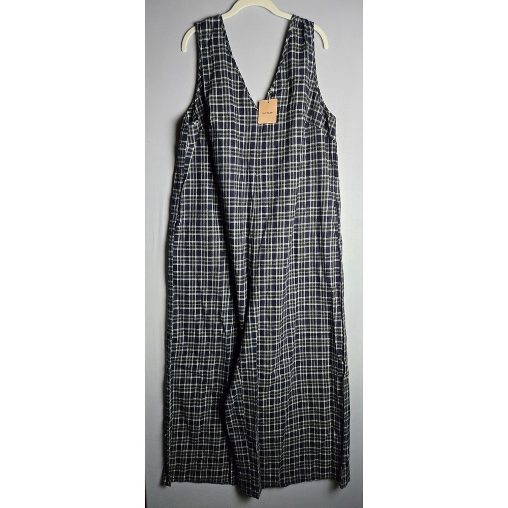 Bloomchic Navy Blue White Plaid V-Neck Wide Leg Jumpsuit Pockets Plus Size 18-20